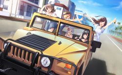 5girls ahoge alcohol arm_support arms_up bad_id bad_pixiv_id beer black_hair blue_eyes blush bow brown_eyes building car city closed_eyes corona_(brand) dress driving drunk eating eyewear_on_head flower green_eyes grin hair_bow hair_flower hair_ornament hand_to_head hat highres hummer looking_afar looking_to_the_side meso-meso mole mole_under_eye motor_vehicle multiple_girls open_mouth original overalls palm_tree plaid_clothes plaid_skirt reaching reaching_towards_viewer road shoes short_hair silver_hair skirt smile standing standing_on_one_leg straw_hat street sunglasses tree unworn_footwear unworn_shoes vehicle_focus white_dress