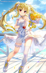 1girl bare_shoulders blonde_hair blush boots bouquet bow closed_mouth cloud cloudy_sky collarbone commentary_request day dress fate_testarossa fingerless_gloves flower fujima_takuya gloves hair_bow high_heel_boots high_heels holding holding_bouquet horizon long_hair looking_at_viewer lyrical_nanoha mahou_shoujo_lyrical_nanoha ocean official_art outdoors petals red_eyes single_thighhigh sky smile solo standing standing_on_one_leg thighhighs thighhighs_under_boots twintails very_long_hair water white_boots white_bow white_dress white_gloves white_thighhighs yellow_flower