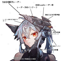 1girl absurdres ahoge android bare_shoulders black_bodysuit blue_hair blush bodysuit cyborg fang fang_out giant giantess grey_hair hair_between_eyes headgear highres long_hair looking_at_viewer m004_(natsukaze_shigure) mecha_musume natsukaze_shigure orange_eyes original red_eyes science_fiction skin_fang slit_pupils solo white_background