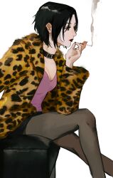 Rule 34 | 1girl, animal print, black eyes, black hair, choker, cigarette, closed mouth, highres, holding, holding cigarette, leopard print, lipstick, looking to the side, makeup, nana (series), osaki nana, red lips, sitting, smoking, sudstance