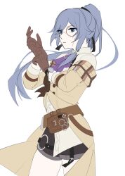 Rule 34 | 1girl, alternate costume, ascot, bag, belt, belt bag, black shorts, blue eyes, blue hair, brown bag, brown belt, brown gloves, brown jacket, brown sleeves, coattails, detective, fu hua, fu hua (hawk of the fog), fu hua (valkyrie accipiter), gloves, grey hair, hair between eyes, high ponytail, highres, honkai (series), honkai impact 3rd, jacket, long hair, long sleeves, monocle, official alternate costume, open clothes, open jacket, ponytail, purple ascot, shirt, shorts, simple background, solo, suisen 100, white background, white shirt