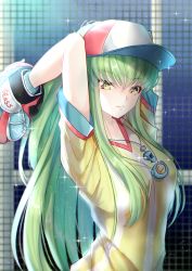 1girl absurdres arms_behind_head baseball_bat baseball_glove breasts budgiepon c.c. code_geass cosplay green_hair hair_between_eyes highres hololive long_hair looking_at_viewer medium_breasts net oozora_subaru oozora_subaru_(1st_costume) oozora_subaru_(cosplay) shirt smile solo stopwatch stopwatch_around_neck striped_clothes striped_shirt vertical-striped_clothes vertical-striped_shirt virtual_youtuber watch whistle whistle_around_neck yellow_eyes