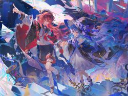 2girls black_shorts blue_hair bow dated dress frills hair_between_eyes happy_birthday hat hat_bow highres holding_hands hourglass laobaijintian_buhuahua long_hair long_sleeves midriff_peek multiple_girls neckerchief original purple_bow purple_eyes red_eyes red_hair red_neckerchief sailor_collar shirt shorts smile stairs white_dress white_shirt wide_sleeves witch_hat