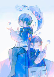 2girls absurdres blue_hair bubble highres irodori_warabi jacket long_sleeves multiple_girls open_mouth original pantyhose puffy_long_sleeves puffy_sleeves short_hair sitting smile twintails upper_body