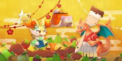 Rule 34 | alternate color, animal ear fluff, apple, artist request, blue eyes, blush, blush stickers, braixen, braixen (welcome 2023), charizard, charizard (paint the new year), chocolate, chocolate covered, closed eyes, clothed pokemon, fangs, fire, flame-tipped tail, flower, food, fruit, gen 1 pokemon, gen 6 pokemon, giant brush, green apple, highres, holding, holding paintbrush, magikarp, nintendo, no humans, official alternate color, official art, open mouth, orange (fruit), orange eyes, paintbrush, pear, pokemon, pokemon (creature), pokemon cafe remix, pokemon focus, red flower, shiny pokemon, slowpoke, slowpoke (cozy), smile, strawberry, tail, third-party sourcecharizard (paint the new year)