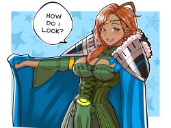 1girl alternate_costume armor breasts cape circlet cosplay cowlick dark-skinned_female dark_skin dimitri_alexandre_blaiddyd dimitri_alexandre_blaiddyd_(cosplay) dress earrings english_text fire_emblem fire_emblem:_three_houses green_dress hapi_(fire_emblem) hapi_(fire_emblem)_(timeskip) happy jewelry long_hair medium_breasts mnejing30 nintendo pauldrons red_eyes red_hair shoulder_armor solo