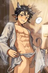 1boy abs animal_ears arknights blush bulge chinese_commentary commentary_request cow_boy cow_ears cow_horns cow_tail dongju_azuma erection erection_under_clothes highres horns looking_at_viewer male_focus muscular muscular_male nipples no_pants open_clothes open_shirt pectorals penis shirt smile speech_bubble spoken_blush sweat tail testicle_peek testicles undone_fundoshi wan_qing_(arknights) white_shirt