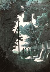 1girl 2boys brick_wall fence forest highres ibsukionsen multiple_boys nature original painting_(medium) path pole road rural scenery shadow slice_of_life sunlight traditional_media tree