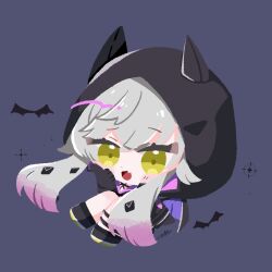 Rule 34 | 1girl, black hoodie, blue background, blush stickers, chibi, chibi only, demon girl, demon horns, fang, fate/grand order, fate (series), gradient hair, grey hair, highres, hood, hood up, hoodie, horns, index finger raised, lilith (fate), lilith (first ascension) (fate), long hair, low twintails, multicolored hair, purple hair, simple background, solo, twintails, two-tone hair, yellow eyes, yue cang87