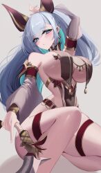 1girl absurdres alternate_costume animal_ears aqua_hair arm_up armlet bare_shoulders blue_eyes blush braid breast_curtains breasts cleavage closed_mouth colored_inner_hair commentary covered_navel detached_sleeves earrings english_commentary fake_animal_ears gold grey_background grey_hair head_tilt highres holding holding_weapon hololive hololive_indonesia jewelry large_breasts long_hair looking_at_viewer multicolored_hair on_one_knee pavolia_reine rhea_rks side_braid sideboob sideless_outfit sidelocks simple_background solo thigh_strap thighs underboob very_long_hair virtual_youtuber weapon