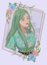 Rule 34 | 1girl, atelierrou, belt, closed mouth, commentary, english commentary, flower, gfriend, green hair, highres, k-pop, long hair, looking at viewer, purple background, real life, sinb (gfriend), smile, solo, swept bangs, twitter username, upper body