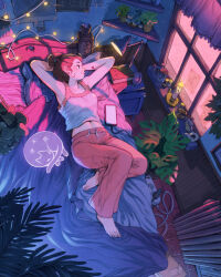 1girl adder_stone arm_tattoo arms_behind_head artist_logo barefoot book camisole candle cat cellphone closed_mouth commentary curtains desk_lamp english_commentary full_body ghost hair_bun heart heart_tattoo highres indoors jar lamp logo looking_to_the_side lying midriff navel nightstand on_back on_bed original pants phone pillow pink_pants pink_trim plant poster_(object) potted_plant power_strip radiator shelf simz smartphone smile solo string_of_light_bulbs tattoo white_camisole window