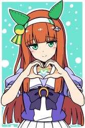 Rule 34 | 1girl, animal ears, blouse, blunt bangs, blush, bow, bowtie, brown hair, chirisazame1, closed mouth, commentary, ear covers, green background, green eyes, hair ornament, hairband, hairclip, heart, heart hands, highres, horse ears, horse girl, long hair, looking at viewer, outline, own hands together, puffy short sleeves, puffy sleeves, purple bow, purple bowtie, purple shirt, school uniform, shirt, short sleeves, silence suzuka (umamusume), smile, solo, split mouth, tracen school uniform, umamusume, white hairband, white outline