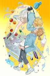 1boy 1girl alternate_costume ankle_socks apple bag baseball_cap blonde_hair blue_cardigan blue_hat blush bottle bouquet braid candy capri_pants cardigan cellphone_charm charm_(object) closed_eyes commentary confetti couple crown_braid cup_ramen face-to-face floating floating_hat flower food food_packaging frilled_skirt frills from_side fruit gradient_background hair_ornament hairpin hand_on_another&#039;s_cheek hand_on_another&#039;s_face hat heart holding holding_bouquet kneehighs konpeitou layered_skirt link meat milk_carton nintendo nissin_cup_noodle open_clothes open_shirt pants paper_bag phone pointy_ears ponytail princess_zelda print_shirt raw_meat shirt shoes shopping_cart short_hair skirt smartwatch sneakers socks sparkle symbol-only_commentary t-shirt the_legend_of_zelda the_legend_of_zelda:_breath_of_the_wild torn_clothes torn_pants umbrella unworn_hat unworn_headwear watch white_hat white_sneakers white_socks wristwatch yellow_background yooani