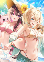 Rule 34 | 2girls, armpits, azki (hololive), bangle, bare shoulders, bikini, black hair, blonde hair, blue eyes, blurry, bokeh, bracelet, breasts, cleavage, day, denim, denim shorts, depth of field, flower, green jacket, hair ribbon, halterneck, hand on own hip, hat, highleg, highleg bikini, highres, hololive, jacket, jewelry, kazama iroha, locked arms, long hair, looking at viewer, medium breasts, miyagi ratona, mole, mole under eye, multicolored hair, multiple girls, navel, o-ring, o-ring bikini, off shoulder, one eye closed, open fly, open mouth, outdoors, pink bikini, ponytail, purple eyes, ribbon, short shorts, shorts, small breasts, smile, stomach, straw hat, streaked hair, string bikini, sunflower, swimsuit, virtual youtuber, yellow bikini