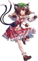 1girl absurdres adapted_costume animal_ear_fluff animal_ears animal_hands animal_print arm_belt bell belt black_belt black_cat black_gloves boots bra brown_bag brown_boots brown_cape brown_eyes brown_hair cape cat cat_ears cat_tail chen coin crossed_bandaids dagger dress earrings fang fingerless_gloves fingernails fish_print frilled_dress frilled_sleeves frilled_socks frills full_body game_cg gloves green_hat hat highres holster injury jewelry jingle_bell juliet_sleeves knife kumio long_fingernails long_sleeves mob_cap nail_polish non-web_source one_eye_closed panties paw_gloves pink_bra pink_panties puffy_sleeves red_dress red_nails ribbon shirt short_hair socks solo striped_bra striped_clothes striped_panties tachi-e tail teardrop thigh_holster torn_boots torn_clothes torn_dress torn_footwear torn_hat torn_ribbon torn_shirt torn_socks touhou touhou_blooming_chaos underwear weapon white_bra white_panties white_ribbon white_shirt white_socks yellow_ribbon