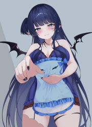 1girl absurdres babydoll black_nails blue_babydoll blue_eyes blue_hair blush breasts cleavage cosplay demon_wings eikawa_suru facial_mark frilled_babydoll garter_straps highres holding holding_pillow jabami_yumeko jabami_yumeko_(cosplay) large_breasts long_hair looking_at_viewer mini_wings mole mole_on_breast nail_polish pillow purple_babydoll rem_kanashibari single_garter_strap smile solo striped_babydoll v4mirai virtual_youtuber wings