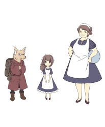1boy 2girls animal_ear_fluff apron backpack bag blue_dress boots brown_bag brown_eyes brown_footwear brown_hair child closed_mouth coat commentary_request dog dress eline_(leadale_no_daichi_nite) furry furry_male glasses hairband hand_on_own_hip highres holding leadale_no_daichi_nite looking_at_viewer lytt_(leadale_no_daichi_nite) maid maid_apron marelle_(leadale_no_daichi_nite) multiple_girls official_art red_coat round_eyewear simple_background smile standing tenmaso white_apron white_background white_hairband