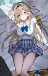 1boy 1girl absurdres armband arms_up blonde_hair blue_bow blue_bowtie blue_eyes blue_skirt blush bow bowtie breasts cleavage collarbone hairband highres kunimine_yuzuki long_hair looking_at_viewer lying medium_breasts nose_blush on_back on_bed original plaid_clothes plaid_skirt pov shirt skirt solo_focus straight_hair thighs white_shirt