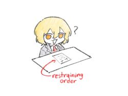 1girl :3 ? black_jacket blonde_hair chibi don_quixote_(project_moon) jacket lapels limbus_company necktie notched_lapels open_mouth paper project_moon red_necktie restraining_order short_hair simple_background smile solo table white_background yellow_eyes yongsa_(ishmaelenjoyer)