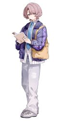 1girl androgynous arimura_mao artist_name bag blue_necktie book brown_hair buttons closed_mouth collared_jacket collared_shirt dot_nose full_body gakuen_idolmaster grey_eyes grey_pants hair_over_one_eye highres holding holding_book idolmaster jacket light_blush light_smile long_sleeves migolu necktie open_book open_clothes open_jacket original pants parted_hair plaid_clothes plaid_sleeves puffy_long_sleeves puffy_sleeves purple_jacket reverse_trap shirt shoes short_hair shoulder_bag sidelocks simple_background solo standing striped_clothes striped_shirt twitter_username untucked_shirt unzipped vertical-striped_clothes vertical-striped_shirt white_background white_shirt white_shoes wolf_cut yellow_bag