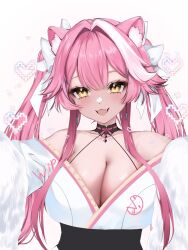 1girl absurdres animal_ears breasts cleavage commentary english_commentary fang hair_ribbon heart highres hololive hololive_english huge_breasts japanese_clothes kimono long_hair megane_(onafiel) multicolored_hair official_alternate_costume official_alternate_hairstyle open_mouth panther_ears panther_girl pink_hair pixel_heart raora_panthera raora_panthera_(new_year) ribbon solo streaked_hair twintails virtual_youtuber white_background white_hair white_kimono white_ribbon yellow_eyes