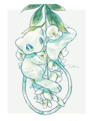 alternate_color blue_eyes blue_skin border bright_pupils closed_mouth colored_skin flower gen_1_pokemon grey_background hanging_plant highres leaf legendary_pokemon mew_(pokemon) mythical_pokemon nintendo non_(kumakawayusu) outside_border plant pokemon pokemon_(creature) shiny_pokemon tail white_border white_flower