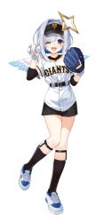 1girl amane_kanata angel angel_wings ball baseball baseball_(object) baseball_glove baseball_uniform black_shorts black_socks halo holding holding_ball hololive izumi_sai legwear_garter medium_hair nippon_professional_baseball official_art one_eye_closed shirt shoes shorts sneakers socks sportswear transparent_background virtual_youtuber white_hair white_shirt wings yomiuri_giants