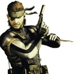 1boy asymmetrical_dual_wielding bandana beard big_boss bodysuit brown_hair dual_wielding earphones eyepatch facial_hair gloves gun handgun holding knife lowres metal_gear_(series) metal_gear_solid:_portable_ops mullet naked_snake pistol sneaking_suit suppressor weapon