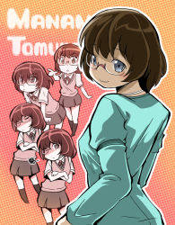 1girl brown_hair character_name chibi glasses grey_eyes kubocha kubota ore_no_imouto_ga_konna_ni_kawaii_wake_ga_nai school_uniform short_hair squiggle tamura_manami