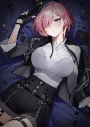 1girl alternate_hairstyle black_gloves black_hat black_jacket black_shorts blush bra_visible_through_clothes breasts commentary fingerless_gloves gloves hair_intakes hair_over_one_eye hat high-waist_shorts highres holika_baby hololive jacket large_breasts looking_at_viewer lying mini_hat mini_top_hat on_back open_clothes open_jacket pink_hair shirt short_hair short_shorts shorts solo symbol-only_commentary takane_lui top_hat virtual_youtuber white_shirt