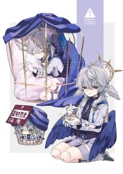 1boy absurdres birdcage blue_wings cage closed_mouth doll_joints gloves grey_hair grey_shorts halo head_wings highres honkai:_star_rail honkai_(series) jacket joints long_sleeves low_wings male_focus medium_hair multiple_views music_box nerimono_(nekokoban22) pillow shorts sitting sleeping sunday_(honkai:_star_rail) translation_request wariza white_gloves white_jacket wings yellow_eyes