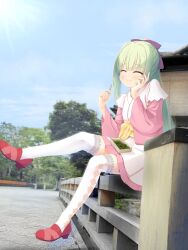Rule 34 | 1girl, :3, :t, ^ ^, absurdres, blunt bangs, blunt ends, blush, bow, closed eyes, closed mouth, commentary request, day, eating, fingernails, frilled thighhighs, frills, full body, green hair, hair bow, half updo, hand on own cheek, hand on own face, hands up, happy, highres, japanese clothes, kimono, long hair, long sleeves, miniskirt, murasame (senren), official alternate costume, official alternate hairstyle, outdoors, photo background, pink kimono, pink skirt, pleated skirt, purple bow, red shoes, reiji tsukimi, senren banka, shoes, sidelocks, sitting, skirt, solo, split mouth, straight hair, thighhighs, white skirt, white thighhighs, wide sleeves, zettai ryouiki