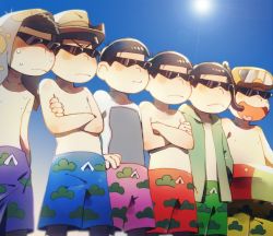 10s 6+boys :&lt; black_hair blue_male_swimwear blue_sky blue_swim_trunks bodysuit brothers commentary_request crossed_arms day diving_mask diving_mask_on_head diving_suit drawstring goggles goggles_on_head green_male_swimwear green_swim_trunks hand_on_own_hip heart heart_in_mouth innertube lens_flare lineup male_focus male_swimwear matsu_symbol matsuno_choromatsu matsuno_ichimatsu matsuno_jyushimatsu matsuno_karamatsu matsuno_osomatsu matsuno_todomatsu multiple_boys osomatsu-kun osomatsu-san osomatsu_(series) ouka_(stan) pink_male_swimwear pink_swim_trunks print_male_swimwear print_swim_trunks print_swimsuit purple_male_swimwear purple_swim_trunks red_male_swimwear red_swim_trunks siblings sky snorkel sunglasses sweat swim_ring swim_trunks swimsuit towel towel_on_head triangular_eyewear wetsuit yellow_male_swimwear yellow_swim_trunks