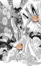 Rule 34 | 1boy, 1girl, anal beads, bound, bound arms, censored, couple, dragon horns, dragon tail, english text, ergogida, genshin impact, gingko leaves, greyscale, guizhong (genshin impact), horns, monochrome, poipiku (website), sex toy, speech bubble, tail, white background, zhongli (genshin impact)