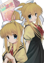 Rule 34 | 1girl, 2000s (style), absurdres, air (visual novel), ascot, black dress, blonde hair, blue eyes, bow, cowboy shot, dress, hair bow, highres, juice box, kamio misuzu, light frown, light smile, long hair, looking at viewer, multiple views, nemu (zutto oyasu3), open mouth, puffy short sleeves, puffy sleeves, red ascot, shirt, short sleeves, simple background, upper body, white background, white bow, yellow shirt