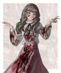 Rule 34 | 1girl, absurdres, black ribbon, blood, blood on clothes, blood on face, blood on hands, border, brown background, brown eyes, brown hair, closed mouth, commentary, cowboy shot, fear &amp; hunger (series), fear &amp; hunger 2: termina, frilled shirt collar, frills, hands up, highres, long hair, looking at viewer, marina (fear &amp; hunger), mouth piercing, neck ribbon, nouveaudepart 0, outside border, pink skirt, ribbon, shirt, shirt tucked in, skirt, solo, white border, white shirt
