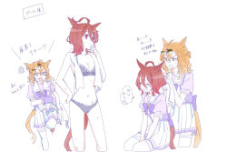 2girls absurdres agnes_tachyon_(umamusume) ahoge anger_vein animal_ears bare_arms bare_shoulders between_legs black_bra black_panties bow bra breasts brown_hair cleavage closed_eyes hair_between_eyes hair_ornament hairclip hand_between_legs highres horse_ears horse_girl horse_tail jungle_pocket_(umamusume) multiple_girls navel panties pleated_skirt puffy_short_sleeves puffy_sleeves purple_bow purple_shirt red_eyes running school_uniform seila_rei shirt short_sleeves simple_background sitting skirt small_breasts standing tail thighhighs towel towel_around_neck tracen_school_uniform translation_request umamusume underwear underwear_only white_background white_skirt white_thighhighs yellow_eyes