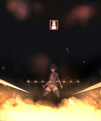 1girl black_hair black_thighhighs bob_cut breasts cha cleavage durarara!! female_focus fire full_body glasses gradient_background icon_(computing) kneeling large_breasts open_clothes open_shirt panties red_eyes shirt short_hair solo sonohara_anri sword thighhighs underwear weapon