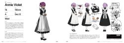 1girl absurdres apron black_dress comiket_106 commentary_request dress expressionless full_body highres looking_at_viewer luicent maid mary_janes multiple_views one_side_up original purple_hair red_eyes reference_sheet shoes short_hair sidelocks simple_background standing translation_request white_background