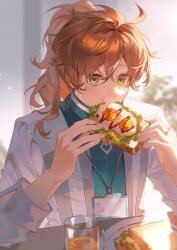 1boy absurdres bread bread_slice chaldea_security_organization chaldea_uniform cup eating fate/grand_order fate_(series) food food_in_mouth fried_egg fried_egg_on_toast green_eyes highres holding holding_food id_card jewelry lab_coat long_hair long_sleeves male_focus mouth_hold orange_hair plate ponytail ring romani_archaman sandwich shi_yang solo toast toast_in_mouth