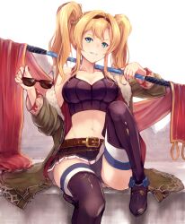 1girl bare_shoulders belt belt_buckle black_boots black_hairband black_panties black_skirt black_sports_bra blonde_hair blue_eyes boots braid breasts brown_belt buckle chokuro cleavage coat collarbone commentary_request crop_top fur-trimmed_coat fur_trim granblue_fantasy green_coat grin hairband highres holding holding_removed_eyewear impossible_clothes knee_up large_breasts long_hair long_sleeves looking_at_viewer midriff miniskirt navel off_shoulder open_clothes open_coat over_shoulder panties pantyshot parted_bangs parted_lips pleated_skirt polearm red_coat revision sidelocks simple_background sitting skirt smile solo sports_bra sunglasses thigh_boots thighhighs thighs twintails underwear unworn_eyewear weapon weapon_over_shoulder white_background white_thighhighs zeta_(dark)_(granblue_fantasy) zeta_(granblue_fantasy)