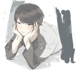 Rule 34 | 1boy, :3, black eyes, black hair, black shirt, closed mouth, commentary request, grey shirt, hands on own cheeks, hands on own face, jiz (pffbq), kiyo (youtuber), long sleeves, lying, male focus, on stomach, real life, shirt, short hair, smile, solo, sparkle, sparkling aura, upper body, white background