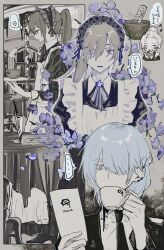 Rule 34 | ..., 2boys, alternate costume, apron, black dress, blue eyes, blue hair, book, bookshelf, brown hair, chibi, collared shirt, colored eyelashes, crossdressing, cup, dress, ear piercing, enmaided, expressionless, eye print, eye symbol, flower, frilled apron, frills, greyscale, hair over one eye, han sung yu, hidrogenxxxng, holding, holding cup, holding paper, holding plate, indoors, jyu viole grace, khun aguero agnis, knife, long hair, looking at another, maid, maid apron, maid headdress, male focus, male maid, monochrome, multiple boys, necktie, one eye covered, original, paper, parted lips, partially colored, piercing, planted, plate, ponytail, purple flower, shirt, short hair, shorts, speech bubble, table, tablecloth, teacup, tower of god, twenty-fifth bam, white apron, white shirt, white shorts