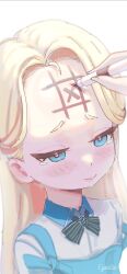 1girl apron artist_name black_bow black_bowtie blonde_hair blue_apron blue_archive blue_eyes blush bow bowtie closed_mouth drawing_on_another&#039;s_face forehead highres pen polo_shirt samlooop simple_background sora_(blue_archive) tagme tears tic-tac-toe white_background xo