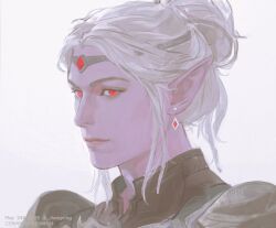 1girl artist_name baldur&#039;s_gate baldur&#039;s_gate_3 circlet dark_elf dated dungeons_&amp;_dragons dungeons_&amp;_dragons earrings elf hair_bun highres jewelry jiangxing looking_at_viewer minthara pointy_ears portrait red_eyes short_hair simple_background single_hair_bun solo white_background white_hair