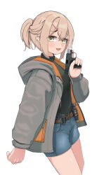 1girl absurdres ammunition_pouch belt belt_buckle black_sweater blonde_hair blush brown_belt buckle colt_model_1908 commentary_request commission cropped_legs denim denim_shorts drawstring fingernails from_side grey_jacket gun hair_ornament hairclip half_updo handgun highres holding holding_gun holding_weapon hood hood_down hooded_jacket jacket okapi_(yomaigoto) open_mouth original pixiv_commission pouch short_hair shorts sidelocks simple_background smoke smoke_grenade solo sweater thighs trigger_discipline turtleneck turtleneck_sweater weapon white_background yellow_eyes