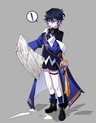 ! 1boy asdff9919 black_hair black_shoes black_shorts blue_jacket blue_socks closed_mouth commentary elsword full_body grey_background hair_between_eyes holding holding_paper holding_pen jacket long_sleeves male_focus multicolored_hair noah_ebalon paper pen purple_hair shoes short_hair shorts simple_background smile socks solo stellar_caster_(elsword) streaked_hair two-tone_hair