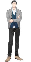1boy absurdres black_eyes black_hair black_pants blue_vest brown_shoes buttons closed_mouth collared_shirt crossed_arms grey_jacket highres jacket long_hair long_sleeves looking_at_viewer male_focus nijisanji official_alternate_costume official_art open_clothes open_jacket otototo pants second-party_source shirt shoes simple_background smile solo standing very_long_hair vest virtual_youtuber watch white_background white_shirt wristwatch yashiro_kizuku yashiro_kizuku_(3rd_costume)
