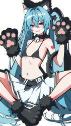 Rule 34 | 1girl, absurdres, animal ear fluff, animal ears, animal hands, arm tattoo, belt, bikini, bikini top only, black belt, black bikini, black gloves, blue eyes, blue hair, breasts, cat ears, cat girl, cat tail, collarbone, fake animal ears, fake tail, gloves, hair between eyes, hair intakes, hatsune miku, highres, indian style, long hair, miniskirt, navel, number tattoo, open mouth, paw gloves, paw shoes, pleated skirt, red pupils, shadow, sitting, skirt, small breasts, swimsuit, tail, tattoo, tiandingfengren, twintails, underboob, very long hair, vocaloid, white background, white skirt